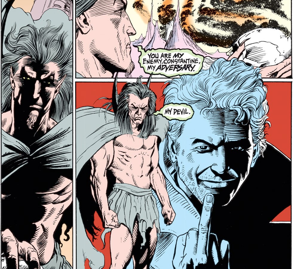 Three panels from Hellblazer, where the Devil confronts John Constantine. He says: "You are my enemy, Constantine. My adversary. My Devil." John Reacts with a smile and a middle finger.