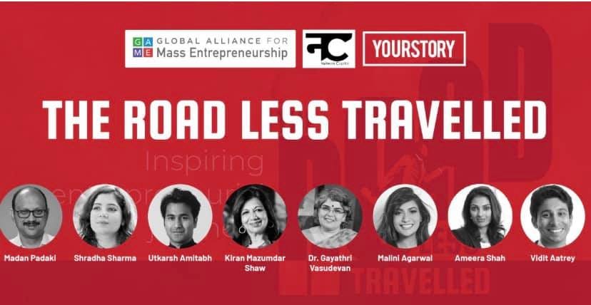 Image may contain: 8 people, including Utkarsh Amitabh, text that says 'GA GLOBAL ALLIANCE FOR Mass Entrepreneurship नट YOURSTORY THE ROAD LESS TRAVELLED Inspiring Madan Padaki Shradha Sharma Utkarsh Amitabh Kiran Mazumdar Shaw Dr. Gayathri Vasudevan Malini Agarwal Ameera Shah Vidit Aatrey'