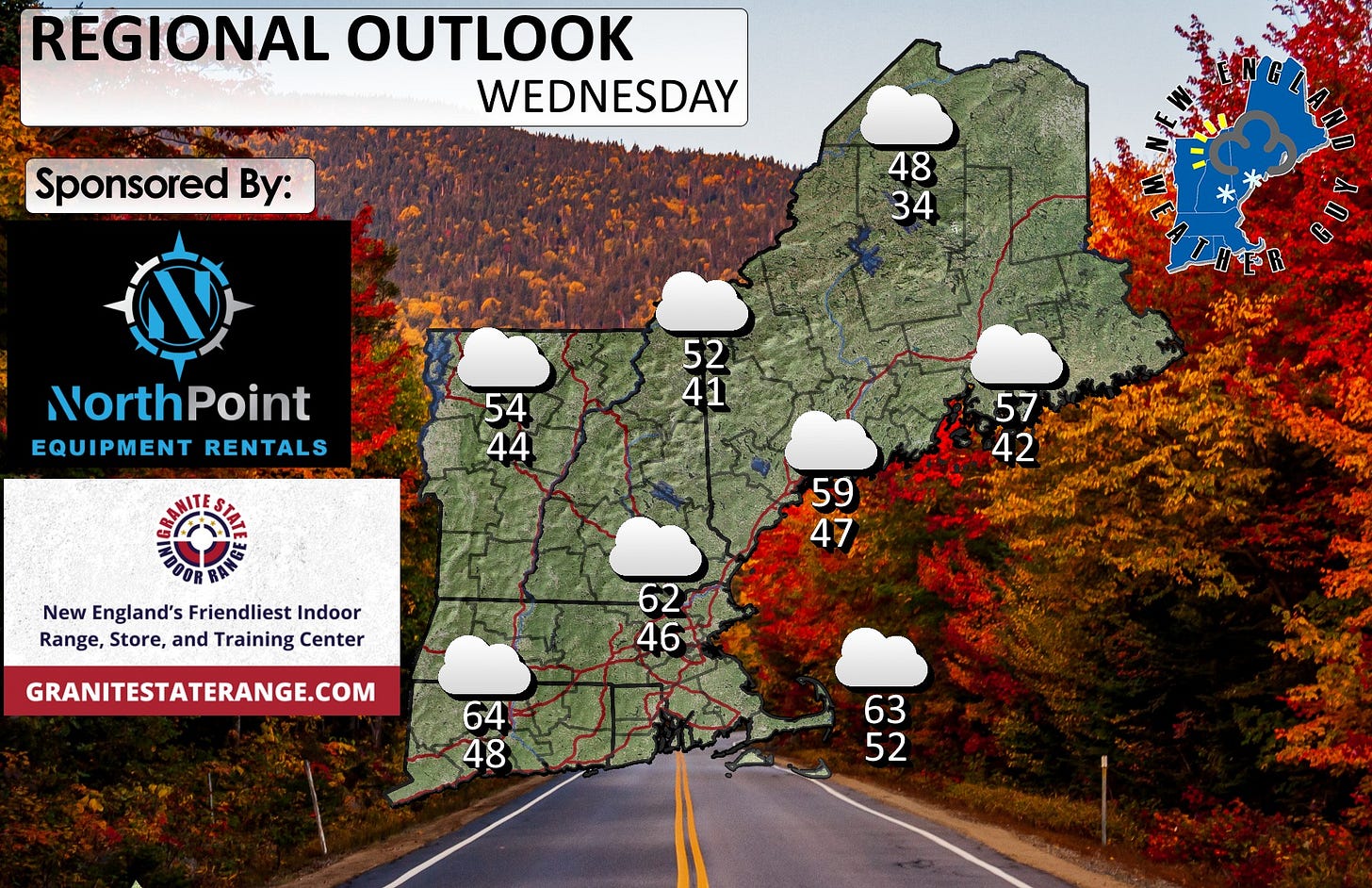 May be an image of map, road and text that says 'REGIONAL OUTLOOK WEDNESDAY Sponsored By: 48 34 NorthPoint EQUIPMENT RENTALS 52 41 54 44 57 42 New England's Friendliest Indoor Range, Store, and Training Center 59 47 62 46 GRANITESTATERANGE.COM 64 48 63 52 カブサススンン'