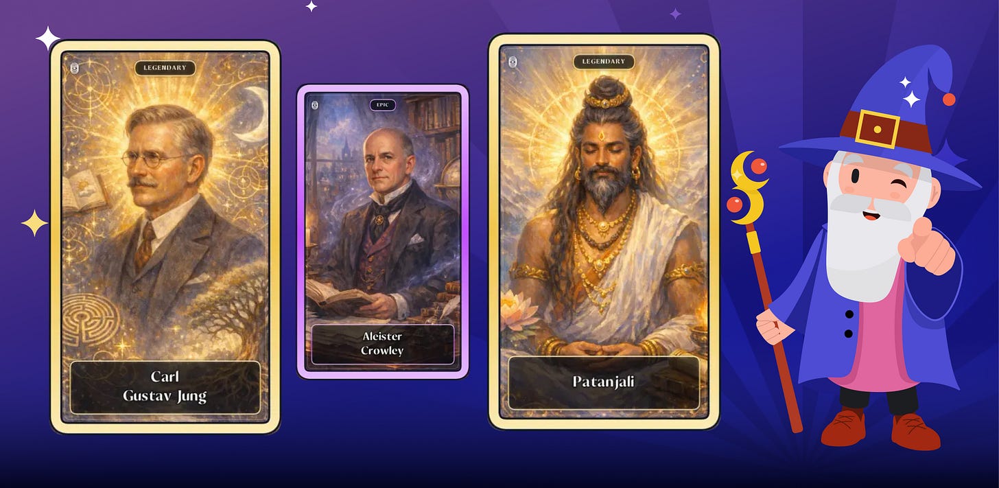 Three Astra Trainer collectible cards showing Carl Gustav Jung, Aleister Crowley and Patanjali, with the wizard mascot beside them.