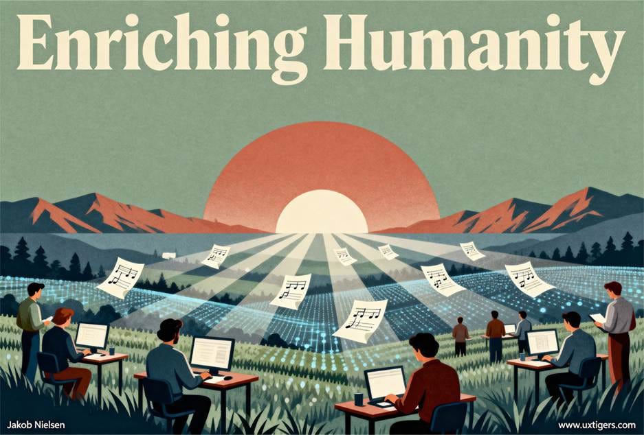 A group of people sitting at computers in a field with musical notes flying in the air

AI-generated content may be incorrect.