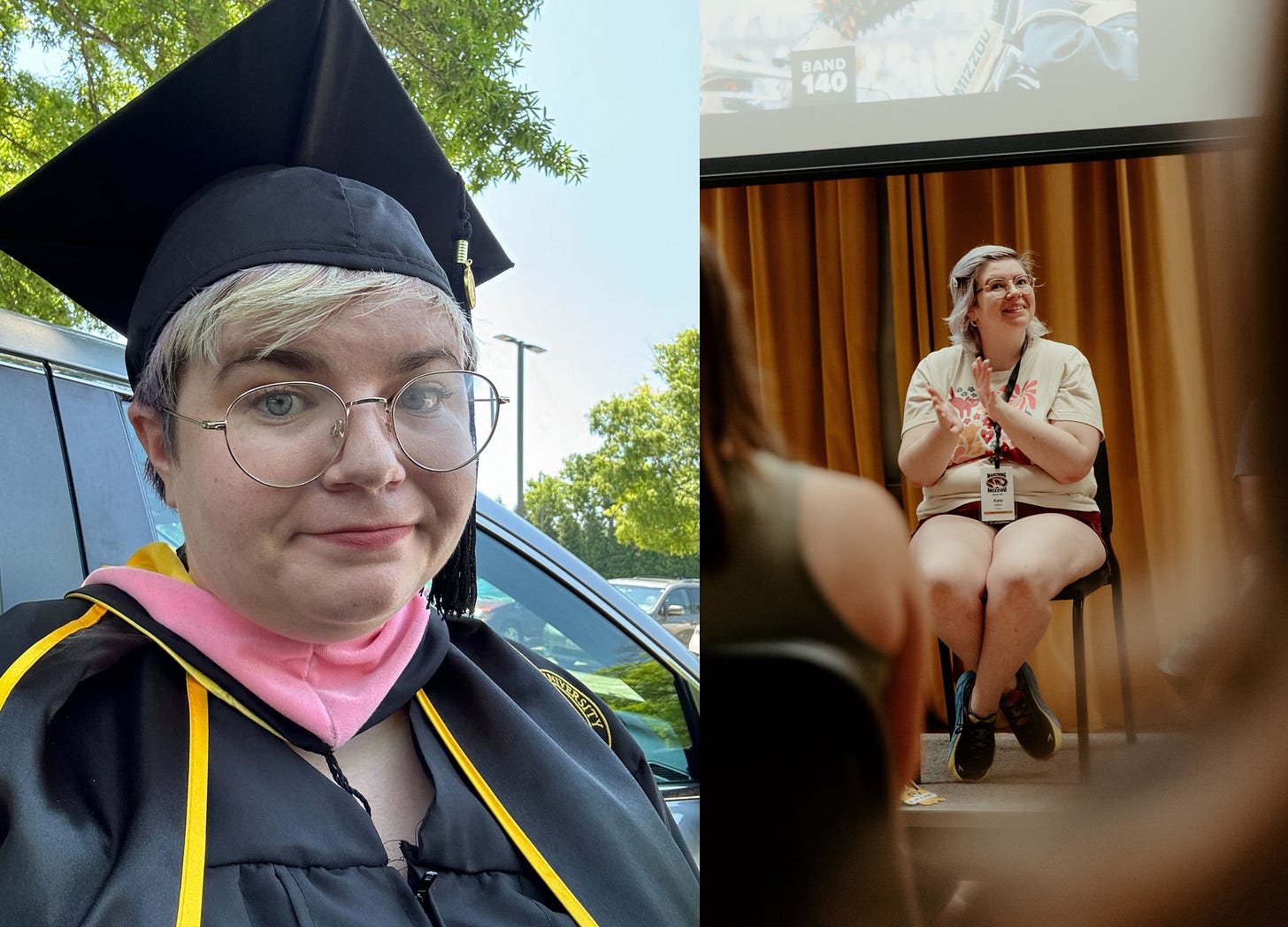 Two photos of Kate Sellers, one graduating grad school, the other teaching. Two photos of Kate Sellers, one graduating grad school, the other teaching.