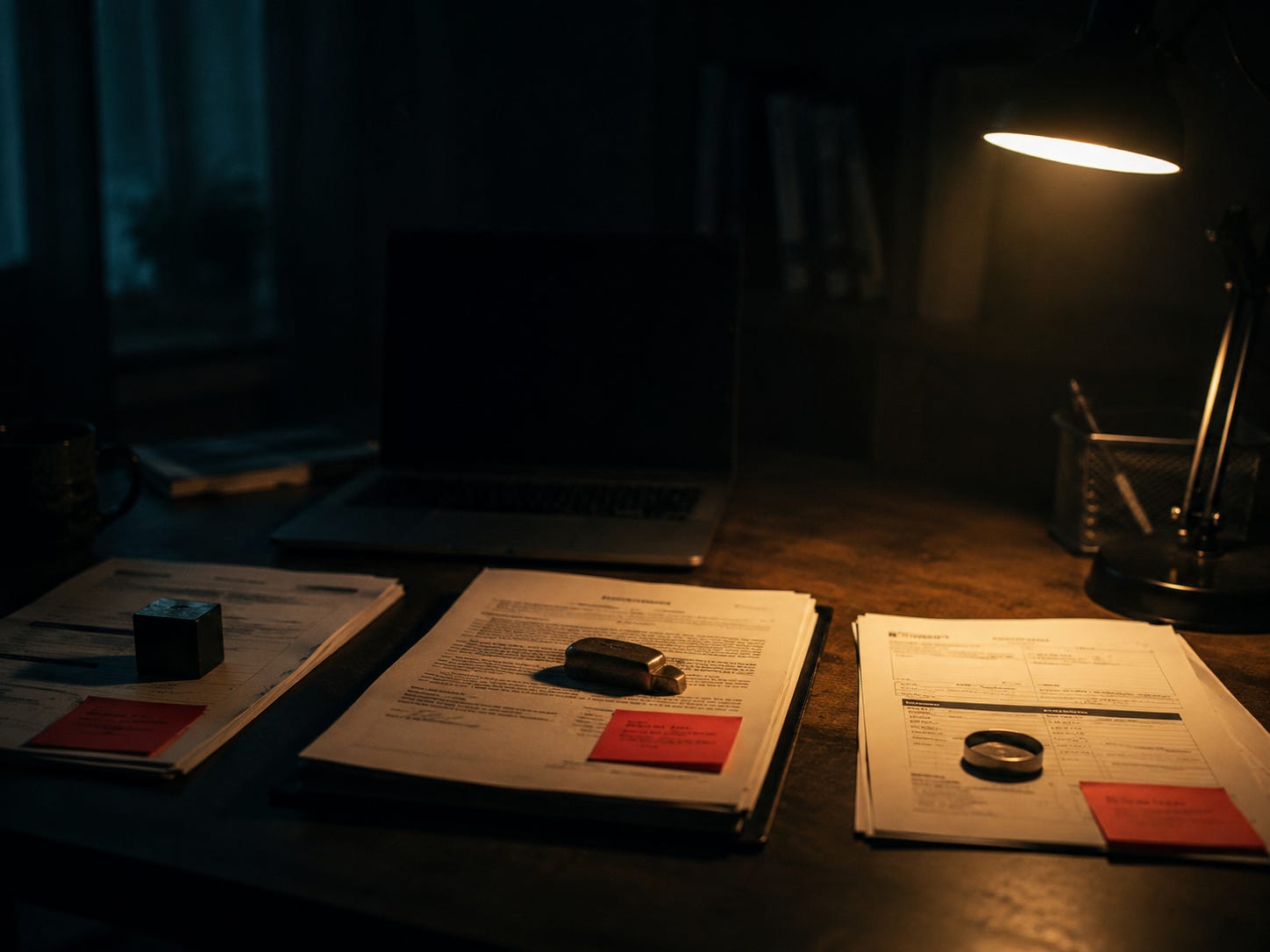 Serious documents sit under a desk lamp beside a dim laptop, suggesting tasks that need human review. Serious documents sit under a desk lamp beside a dim laptop, suggesting tasks that need human review.