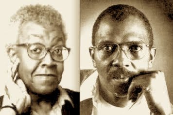 Two photo portraits, side by side. On the left is Gwendolyn Brooks, an older Black woman with short grey hair and glasses. On the right is Etheridge Knight, a Black man in late middge age, with short black hair and glasses