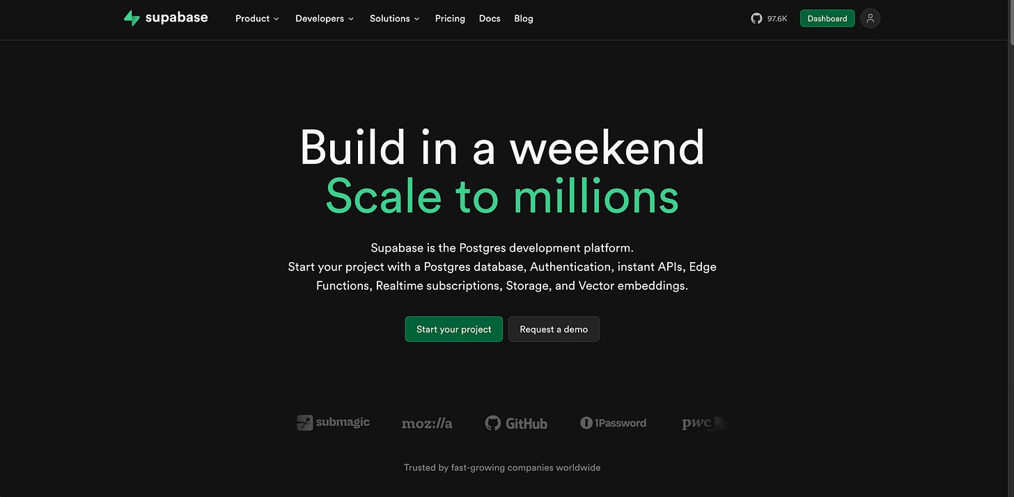 The Supabase homepage displays a dark background with the green text Build in a weekend, Scale to millions. The Supabase homepage displays a dark background with the green text Build in a weekend, Scale to millions.
