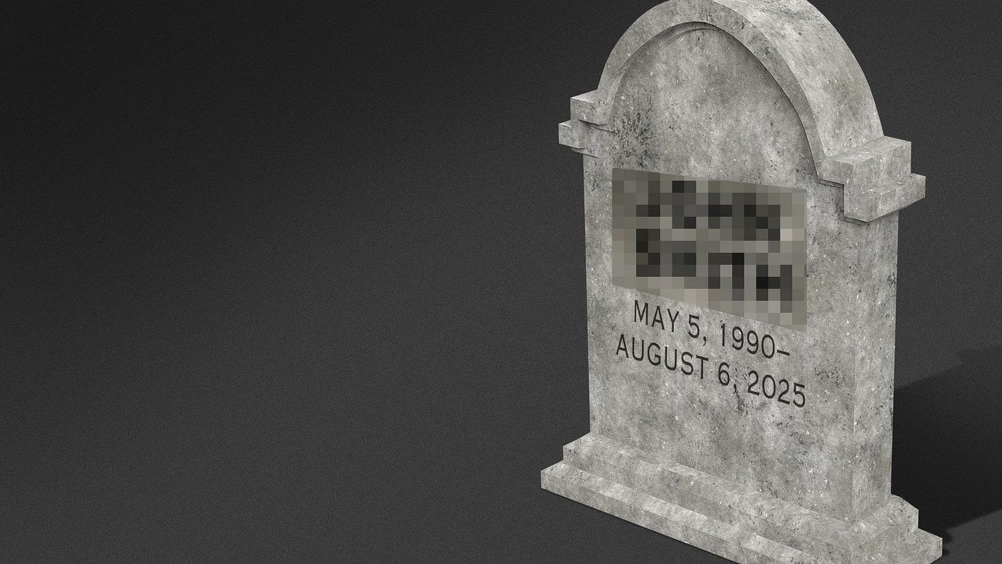 Illustration of a headstone with the name hidden by pixels.