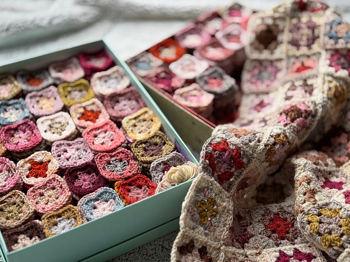 Sitting by the Fire Crochet Granny Square Blanket in construction