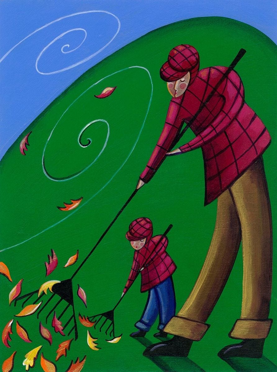Son imitating father raking leaves in autumn. . . #vector #art | Illustrators, Art, Raking leaves