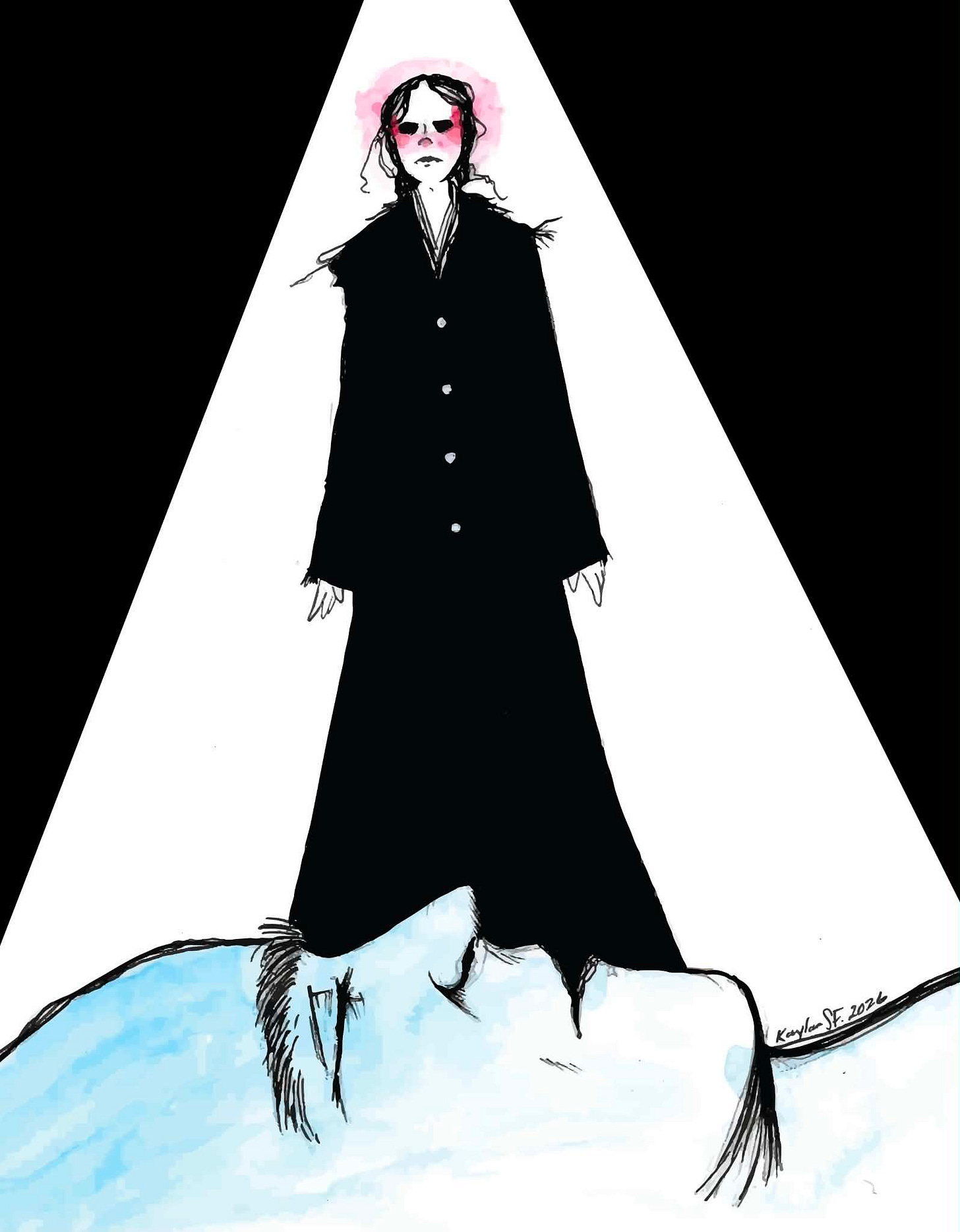 Illustration of a woman dressed in black standing over a sleeping man. Illustration by Kaylan Stedman Friedman for Ghost Parachute magazine. 