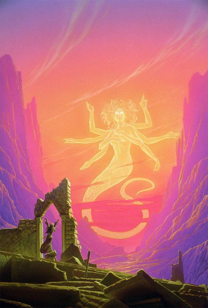 Set in the immediate foreground left framed by the pointed arch of crumbling ruins, a woman raises arms in a V, a grand gesture as she gazes out at a valley rendered in brilliant shades of pink and purple. Filling the gap between valley walls, a divine female figure with 8 arms and a serpent tail glows an ethereal yellow tinting the sky orange around her. Six arms fan behind her with the fingers of each hand locked in a different arcane gestures while her most prominent arms cross over bare breasts. Her eyes shine bright white as they fix on the distance over the viewer. Shoulder length hair spreads around her in the wash of the sky.