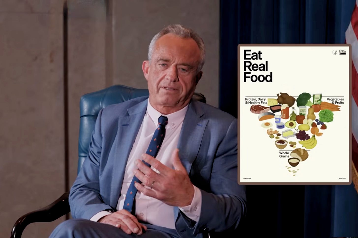 US-Gesundheitsminister Robert F. Kennedy Jr. sitzt im Anzug in einem Sessel und spricht gestikulierend. Neben ihm ist eine Grafik der neuen US-Ernährungspyramide mit der Überschrift «Eat Real Food» zu sehen, die im Vergleich zur klassischen Darstellung auf den Kopf gestellt ist. Zuoberst stehen «Protein, Dairy und Healthy Fats» – visualisiert mit gebratenem Hähnchen, Steak, Hackfleisch und Käse.
