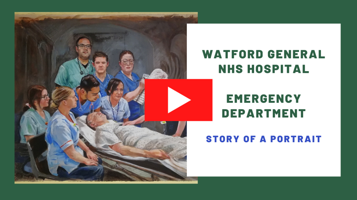 Portrait of NHS staff arranged in the style of Rembrandt's "The Anatomy Lesson". Link to YouTube video showing portrait progress, with music.