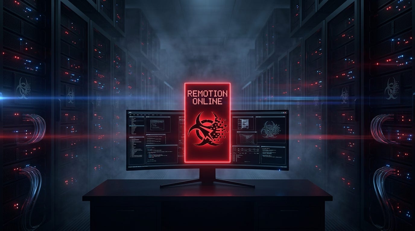 A wide cinematic shot of a dark server room. In the center, a large monitor displays a bright red vertical video frame with the text 'REMOTION ONLINE'. The room is filled with racks of servers glowing with red status LEDs. Volumetric fog, anamorphic lens flares, cyberpunk aesthetic.