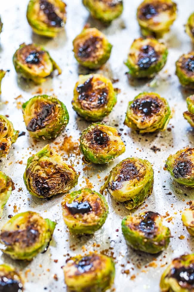 roasted Balsamic Brussels Sprouts on baking tray. roasted Balsamic Brussels Sprouts on baking tray.