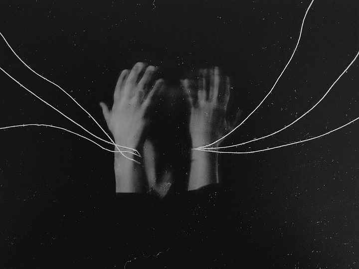 Portraits of woman holding dried flowers with a white string over her face, two hands with string around their wrists