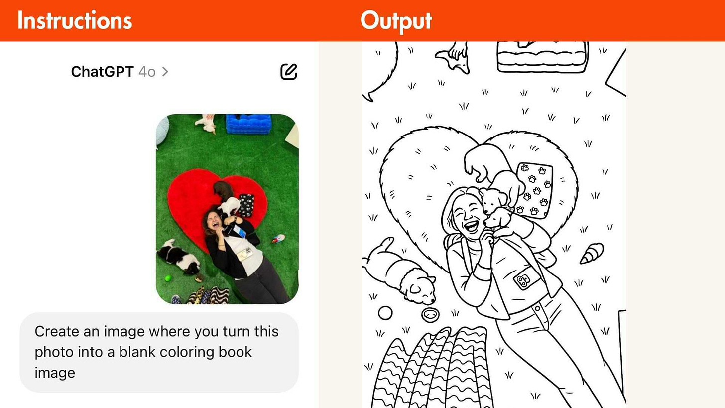 A side-by-side comparison showing how ChatGPT’s GPT-4o image generator turned a real photo of a woman lying on a red heart-shaped pillow with puppies into a black and white line-art coloring book page. The AI-generated image keeps the pose, setting, and pet details, reinterpreting them in crisp, stylized illustration form.