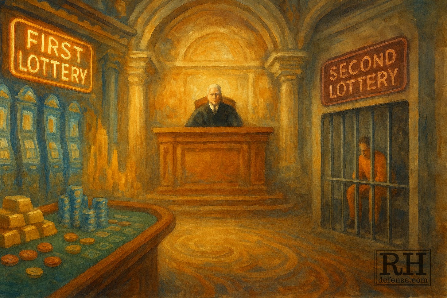 A surreal watercolor-and-oil painting depicting a courtroom merged with a casino. On the left, slot machines and stacks of gold and poker chips sit beneath a glowing sign that reads “FIRST LOTTERY.” At the center, a stern judge presides from the bench. On the right, beneath a sign marked “SECOND LOTTERY,” a prisoner in an orange jumpsuit sits behind bars. The warm golden light gives the scene both grandeur and moral decay.