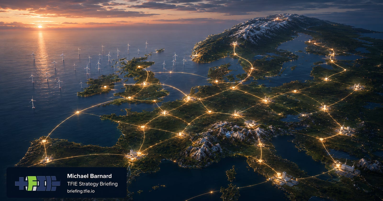 Evocative European grid network with offshore wind, transmission lines, hydro reservoirs and glowing interconnection nodes.