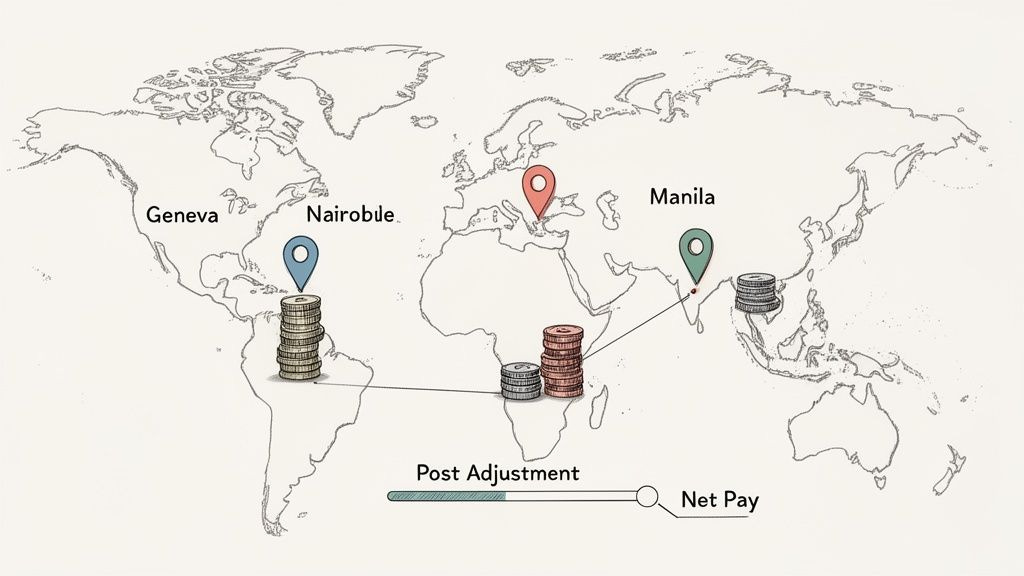 World map illustrating salary adjustments and net pay comparisons across Geneva, Nairobi, and Manila.
