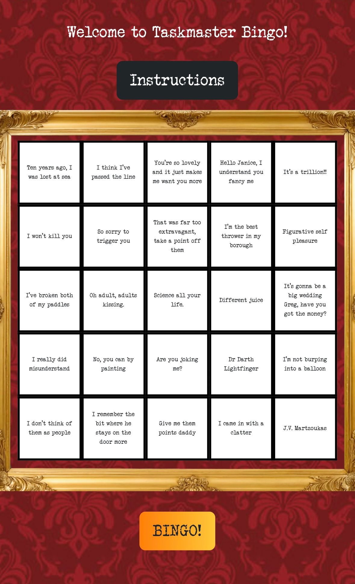 Taskmaster Bingo card for S19 E8.