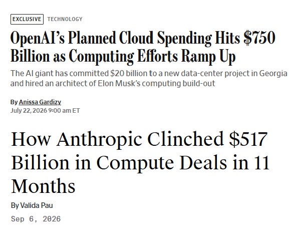 Headlines show OpenAI’s planned $750 billion cloud spending and Anthropic’s $517 billion in compute deals. Headlines show OpenAI’s planned $750 billion cloud spending and Anthropic’s $517 billion in compute deals.