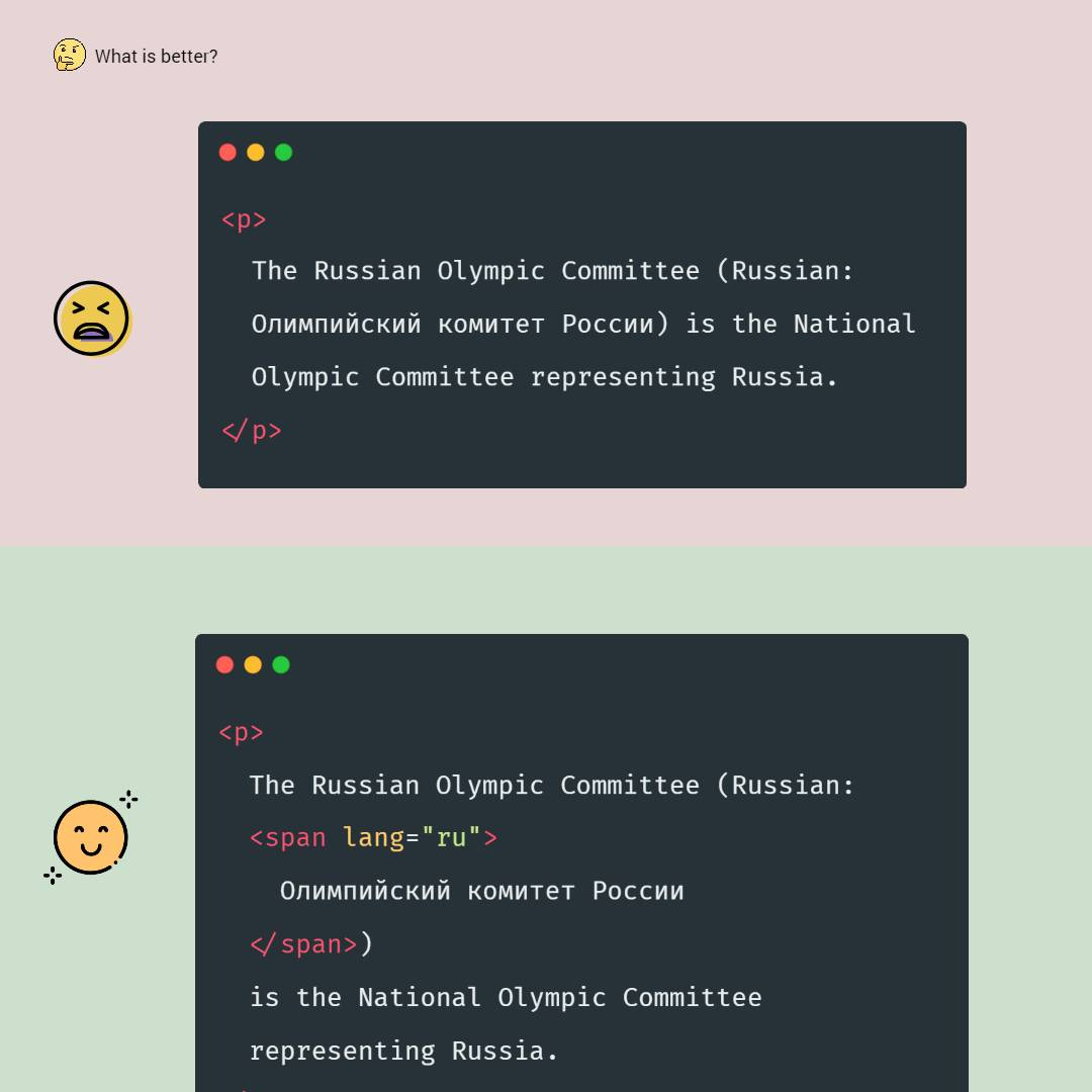 A wrong code. The text in English includes a part in Russian. A correct code. The text in English includes a part in Russian, that is wrapped by span with the lang attribute with the ru value