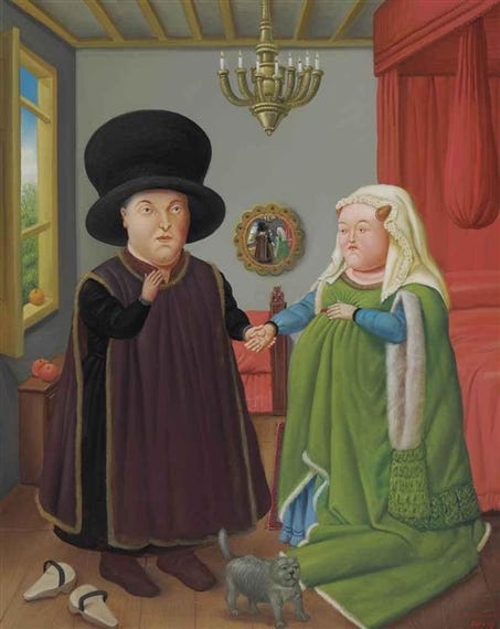 Artwork by Fernando Botero, The Arnolfini (after Van Eyck), Made of oil on canvas