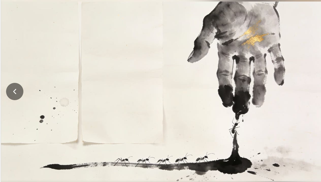An open hand held above a line of ants on dark ground, lit by warm light from one side. An open hand held above a line of ants on dark ground, lit by warm light from one side.