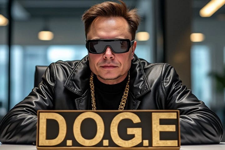 Imagen 1: Una ilustración estilizada de un hombre con gafas de sol oscuras, vestido con una chaqueta de cuero negra y un collar dorado. En la mesa frente a él hay un letrero que dice "D.O.G.E.", haciendo referencia al meme popular de Dogecoin y la criptomoneda. Imagen 2: Una composición gráfica con los logos de Threads (la "@" estilizada) y Mastodon (representado por una mariposa azul) atravesados por una gran "X" negra. La imagen representa un posible enfrentamiento o reemplazo en las redes sociales.