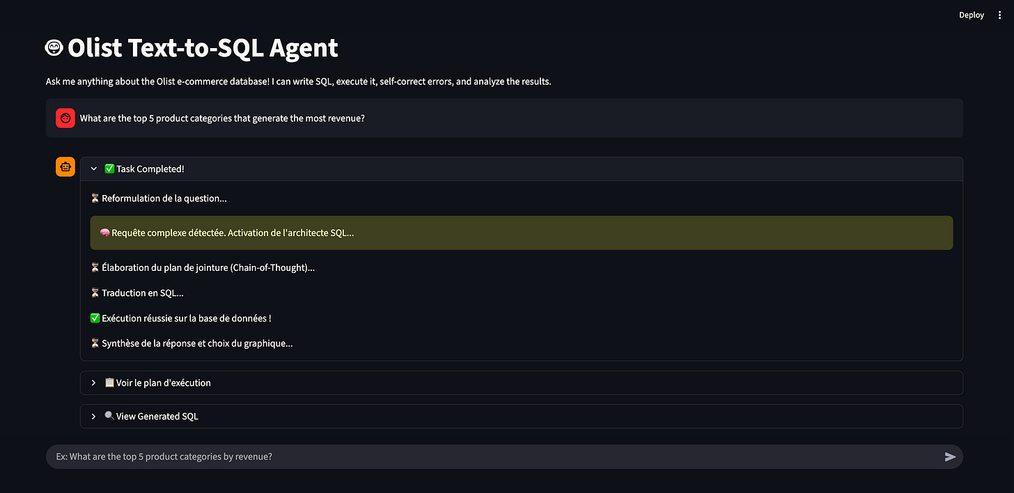 An expanded menu showing the step-by-step logs of the agent, including query reformulation, complex query detection, and SQL translation. An expanded menu showing the step-by-step logs of the agent, including query reformulation, complex query detection, and SQL translation.
