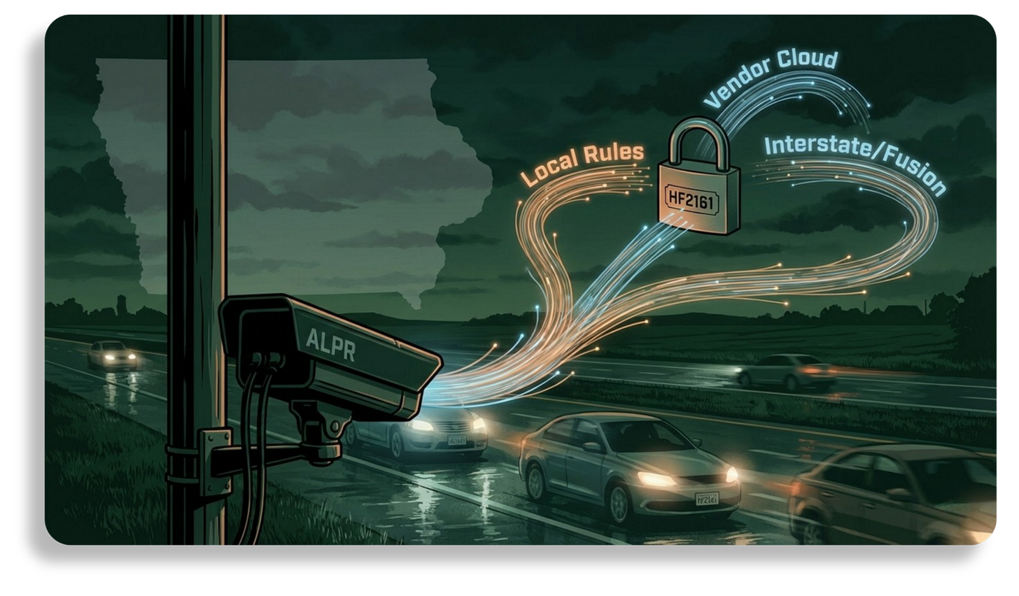 Illustration of Iowa with license-plate reader surveillance signals flowing outward into a larger network, suggesting data can travel beyond local controls.