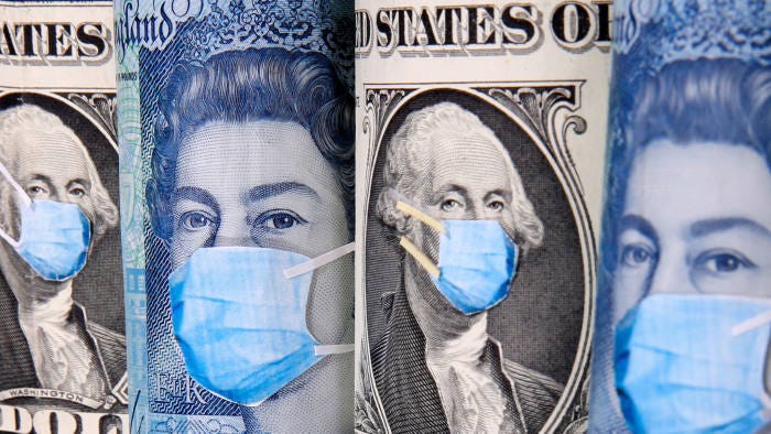 George Washington and Queen Elizabeth II are seen with printed medical masks on the one Dollar and Pound banknotes in this illustration taken, March 31, 2020. REUTERS/Dado Ruvic/Illustration