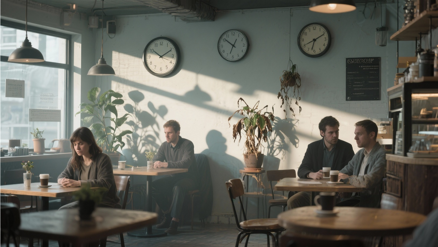 Coffee shop with mismatched clocks, dying plant center frame, isolated patrons at separate tables avoiding eye contact Coffee shop with mismatched clocks, dying plant center frame, isolated patrons at separate tables avoiding eye contact