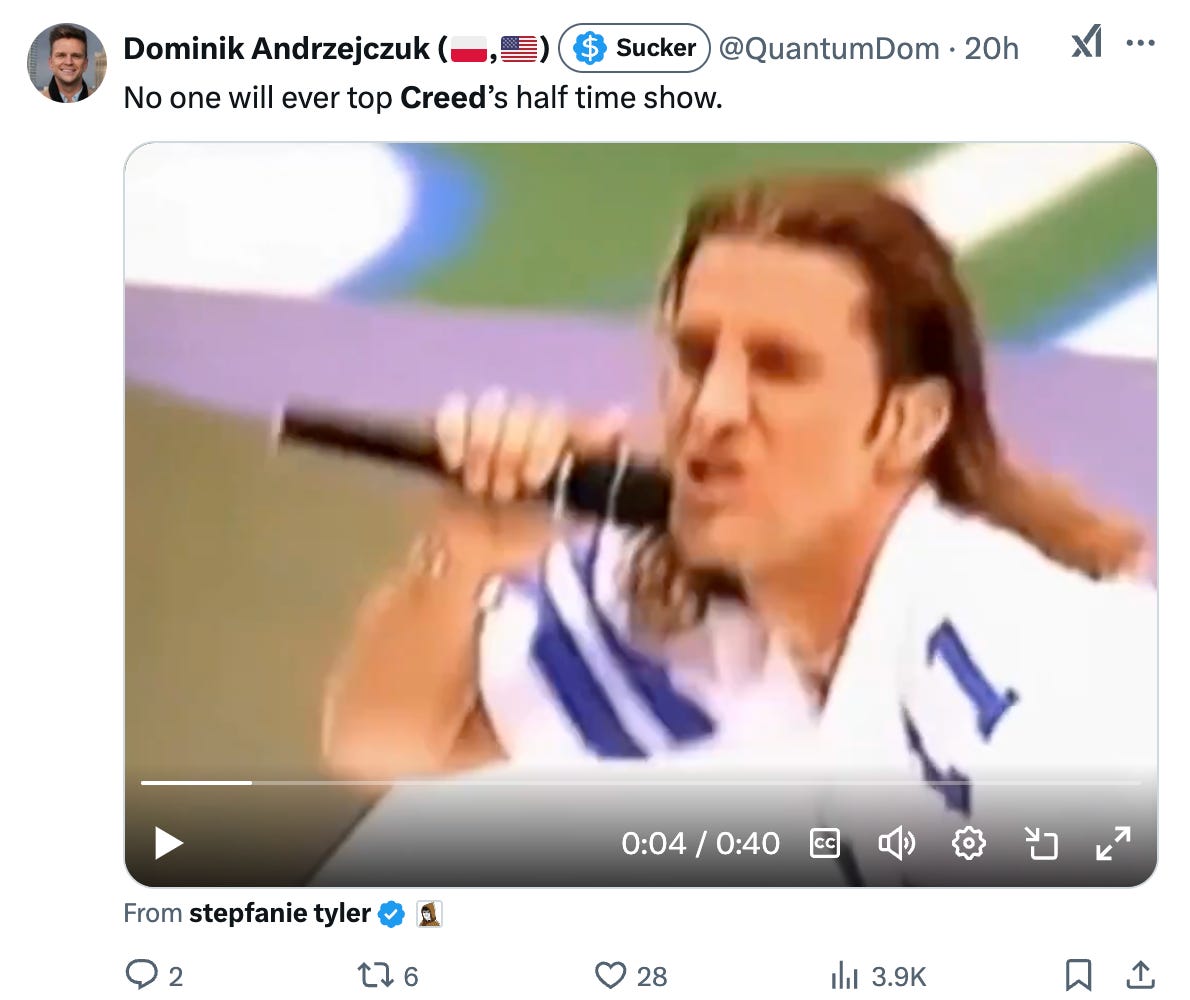 No one will ever top creed's halftime show