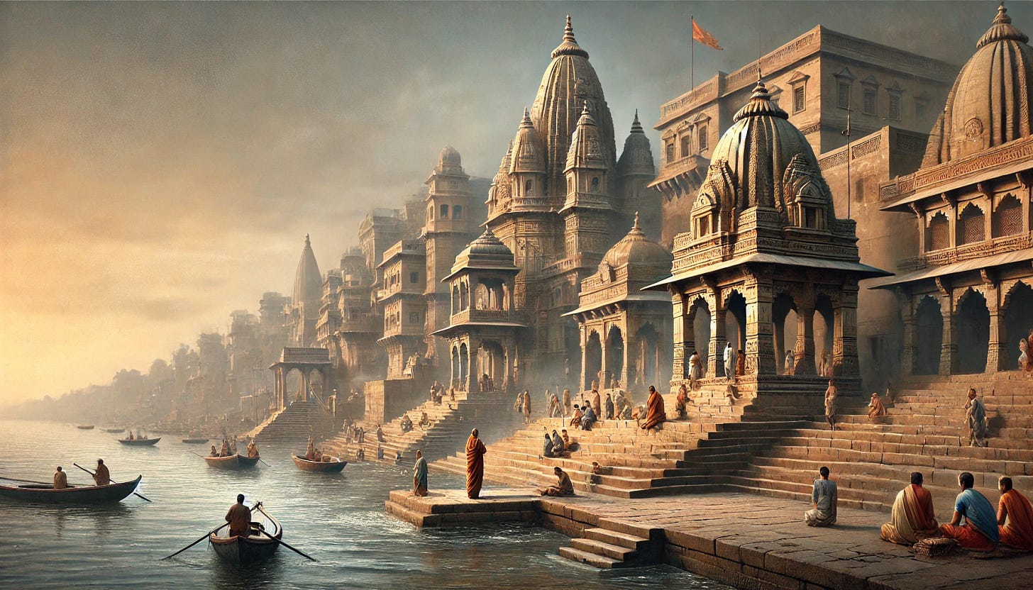A realistic landscape of Varanasi, also known as Kashi or Benares, one of the oldest continuously inhabited cities in the world. Show the ancient temples and buildings along the ghats (riverbanks) of the sacred River Ganges, with people performing traditional religious rituals and prayers. The scene should capture the timeless essence of the city without boats on the river. The architecture of the temples should reflect the ancient style, with detailed carvings and stone steps leading to the water. Include a serene atmosphere with a soft sky and natural lighting to highlight the spiritual and historic significance of the place.