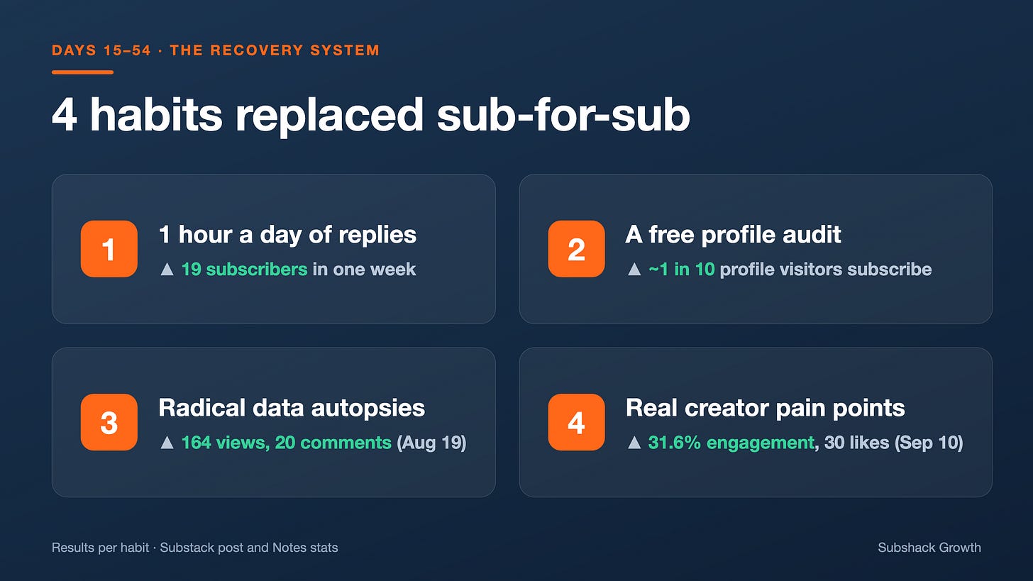 Four habits: one hour a day of replies, a free profile audit, radical data autopsies, real creator pain points