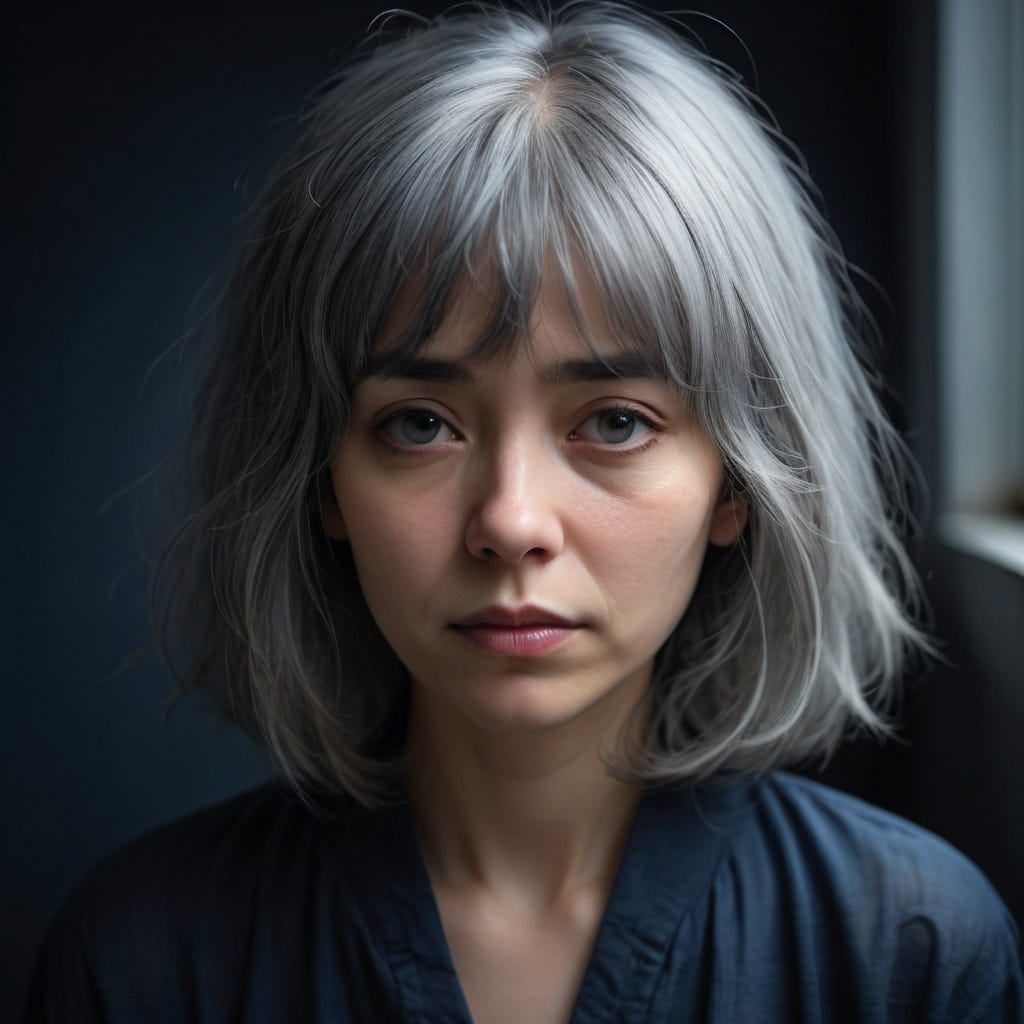 gray-haired woman looking lost and afraid.