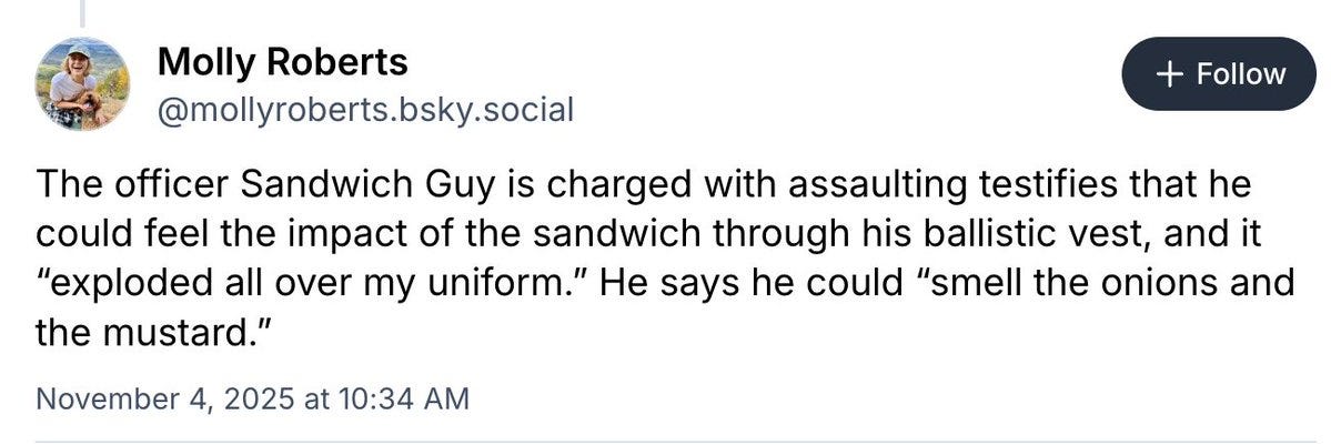 Screenshot of a tweet by Molly Roberts dated November 4 2025 at 10:34 AM quoting an officers statement about feeling the impact of a sandwich through his ballistic vest that exploded all over his uniform with onions and mustard. The tweet includes a follow button and profile image of Molly Roberts. Screenshot of a tweet by Molly Roberts dated November 4 2025 at 10:34 AM quoting an officers statement about feeling the impact of a sandwich through his ballistic vest that exploded all over his uniform with onions and mustard. The tweet includes a follow button and profile image of Molly Roberts.
