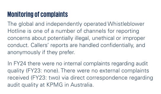 KPMG’s 2024 Audit Transparency Report, covering the year from 1 July 2023 to 30 June 2024, reported:  0 — Whistleblower complaints related to audit quality — internal and external.