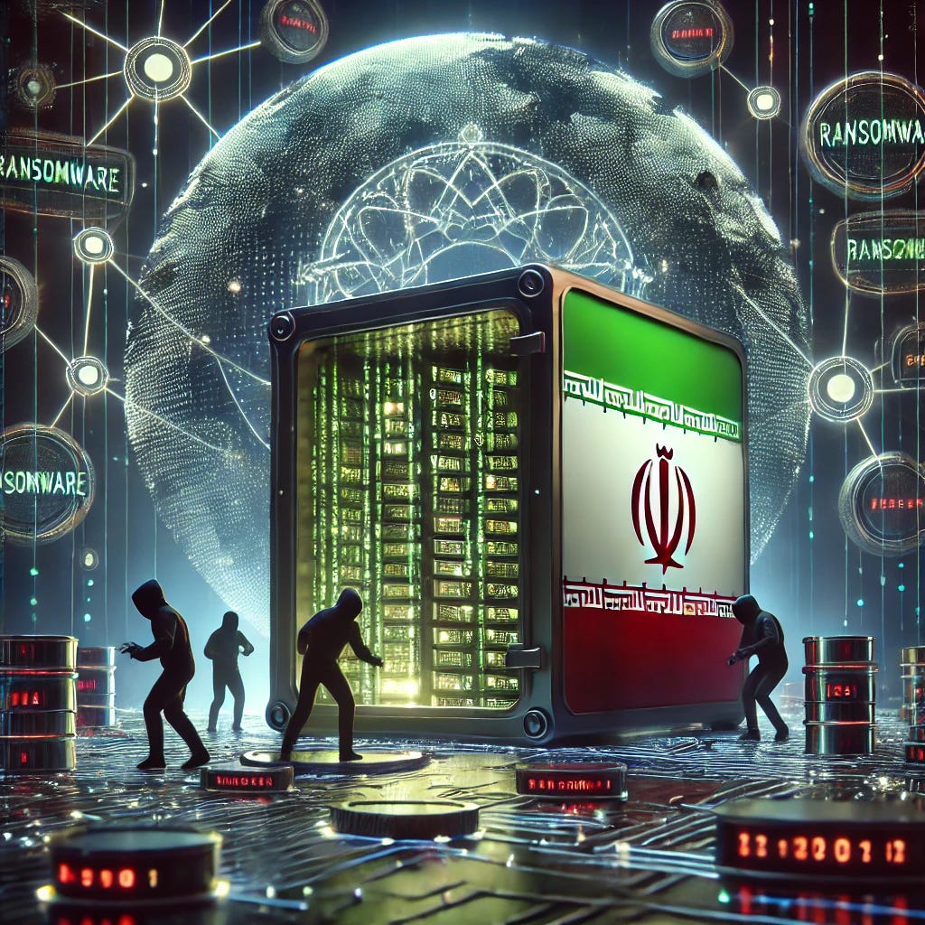 A 3D illustration of a dark, ominous cyber world with elements symbolizing Iran. In the foreground, a group of shadowy figures representing hackers is depicted breaking into a large digital vault, symbolizing a secure network. The vault door is slightly ajar with glowing binary code (1s and 0s) spilling out, representing stolen data. The hackers have subtle hints of Iran's culture, such as Persian patterns or faint outlines of the Iranian flag integrated into their attire. The background features a grid of interconnected network nodes and servers, with some nodes glowing red, indicating a breach. Above the scene, the words 'Ransomware' and 'Cyber Warfare' loom large, integrated into the digital landscape. The color scheme is dark with neon highlights, creating a cyberpunk atmosphere, with green and white tones subtly referencing the Iranian flag.