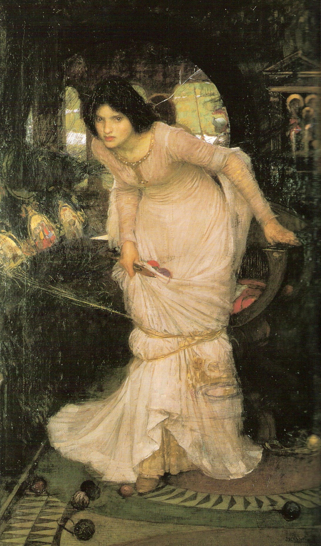 The Lady of Shalott Looking at Lancelot by Waterhouse: the Lady leans out of her loom, caught in golden threads, the cracked mirror behind her