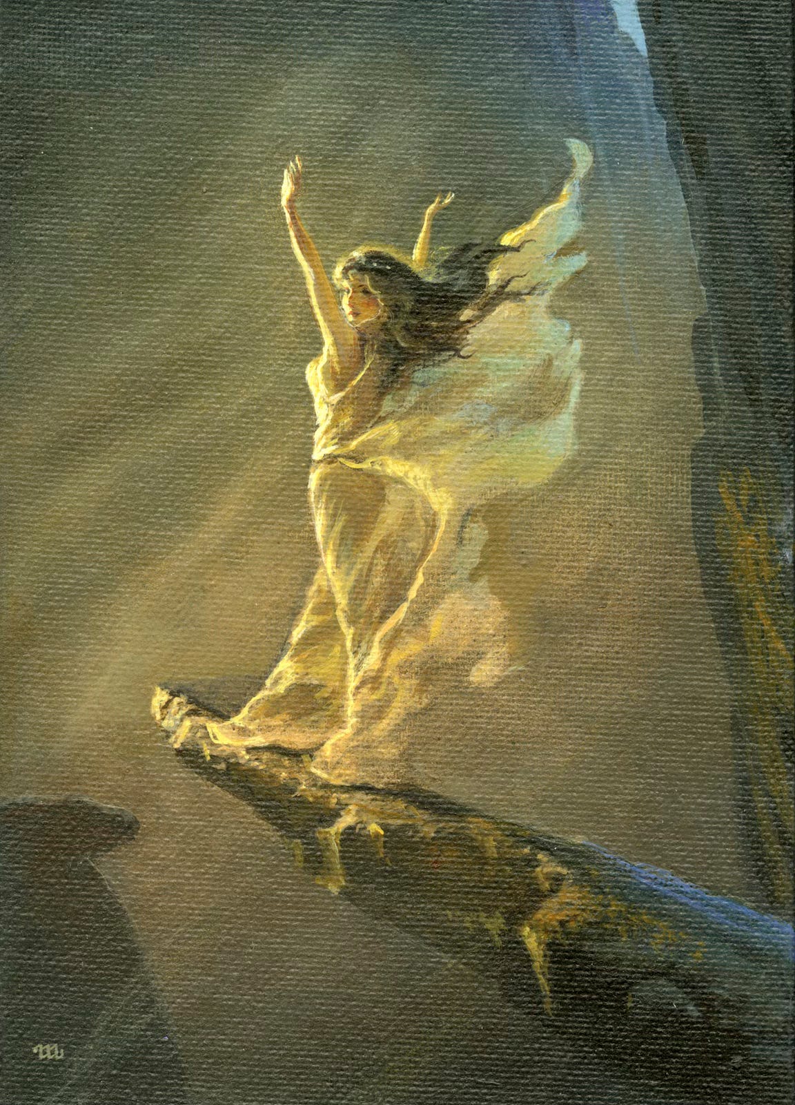 Figure study of the woman standing at the end of the rocky outcrop with arms raised in a V. The air lifts her skirts behind her. Her hair flows freely with no veil wrapping her head.