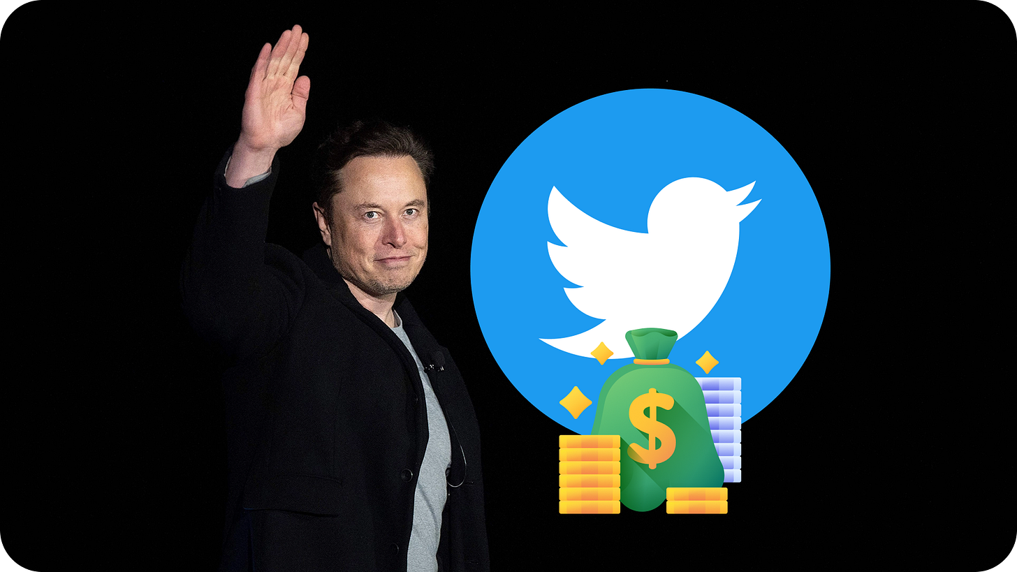 Elon Musk with Twitter logo and a pile of money.