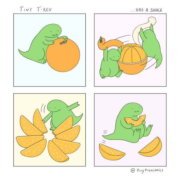 Tiny T-Rex rolls over an orange. Tiny T-Rex runs around the orange tearing the skin off in one long piece. Tiny T-Rex chops apart the pieces with its arms. Tiny T-Rex bites a piece of orange and wags its tail.