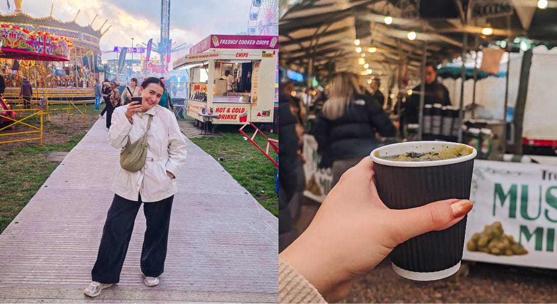 Two pictures - one of Eve Smallman holding a pot of mushy peas, and one of a pot of mushy peas next to a stall Two pictures - one of Eve Smallman holding a pot of mushy peas, and one of a pot of mushy peas next to a stall