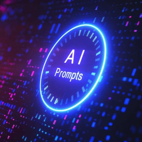 #descrevemospravocê  A imagem tem estilo futurista e mostra um círculo luminoso com borda azul brilhante em destaque no centro. Dentro do círculo está escrito, em letras brancas, a expressão "AI Prompts", que em português significa "comandos de IA". Ao fundo, há uma composição digital abstrata, com pequenos blocos retangulares e linhas em tons de azul, rosa e roxo, sugerindo códigos ou dados em movimento. O fundo é escuro, com iluminação que cria um efeito de profundidade, remetendo ao universo da tecnologia e da inteligência artificial. O visual remete a painéis digitais, reforçando a ideia de inovação e interação com sistemas inteligentes.
