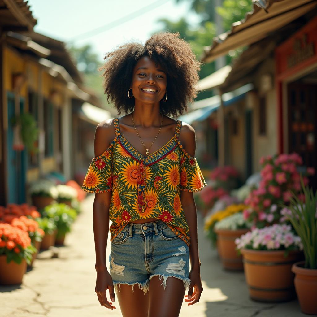A vibrant, young Jamaican woman with dark, curly hair and bright smile, wearing a colorful dashiki blouse and distressed denim shorts, wandering through a bustling town market, surrounded by lush greenery and vibrant tropical flowers, in the warm, golden light of the Caribbean afternoon. The image is reminiscent of the aesthetic of legendary cinematographers Roger Deakins, Emmanuel Lubezki, and Bradford Young, with a focus on capturing the authentic essence of the scene. The film grain and vignette add a sense of nostalgia and timeless quality, while the 35mm film aesthetic provides a cinematic grandeur and texture.

