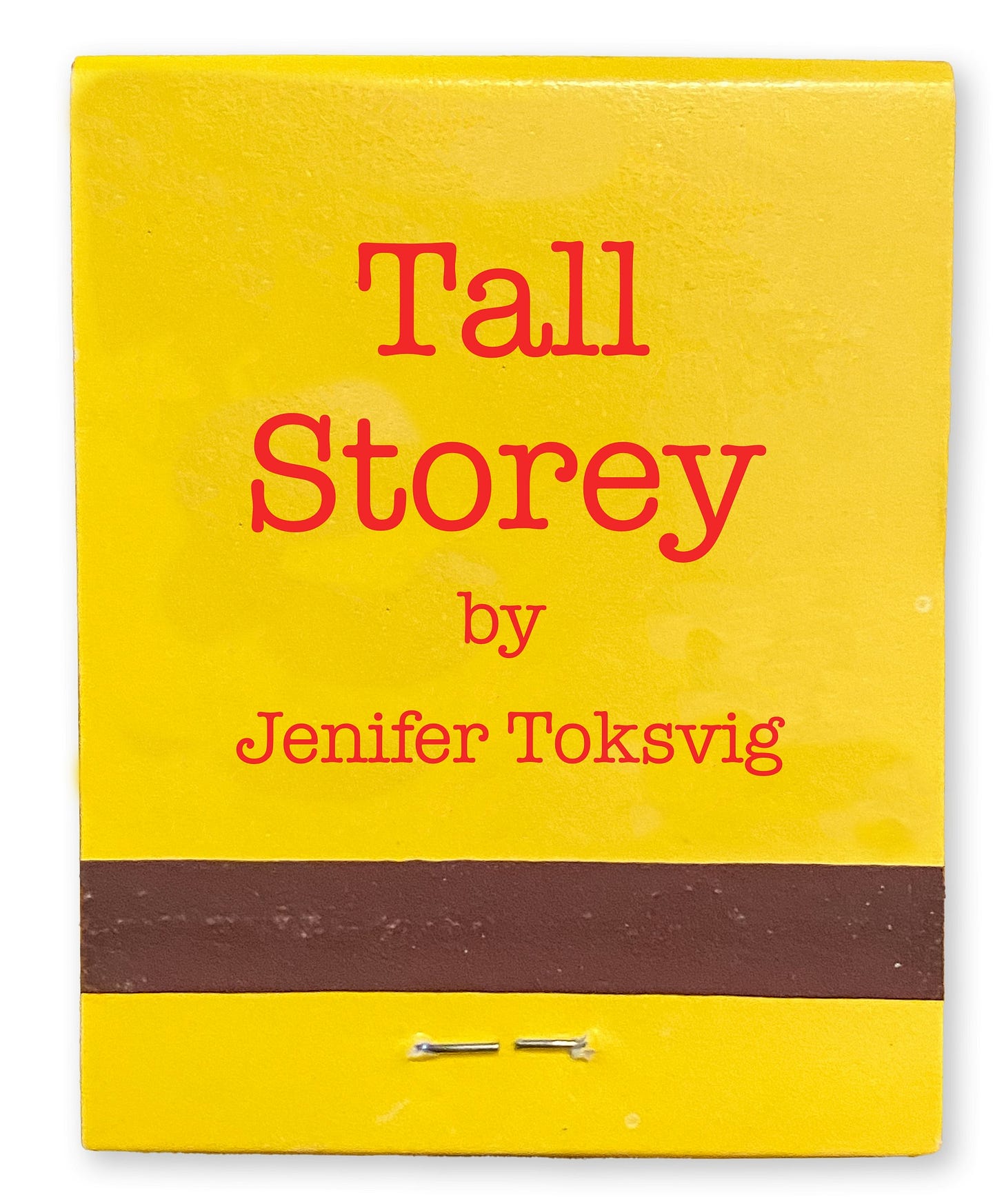 Photo of a bright yellow book of matches with red text reading "Tall Storey by Jenifer Toksvig"