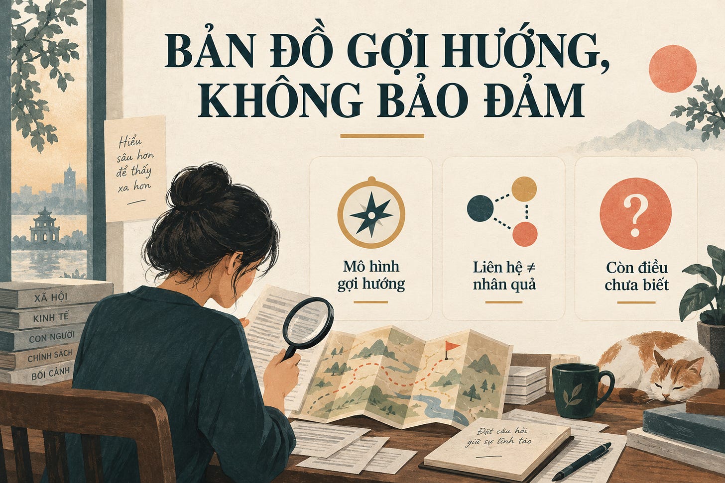 Người đọc tài liệu cạnh ba nhãn: mô hình gợi hướng, liên hệ không đồng nghĩa nhân quả và còn điều chưa biết.