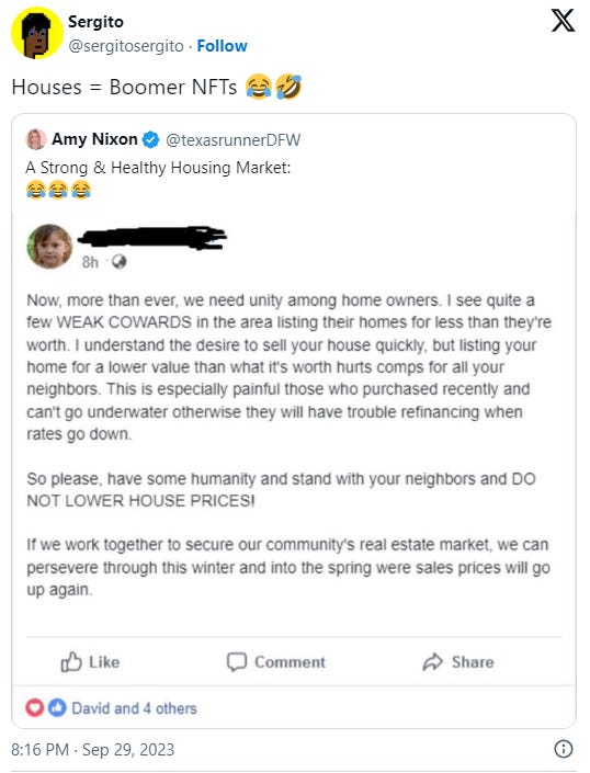 A tweet showing a facebook post. The post is referencing how people who sell their homes are weak cowards. The post is also urging those who live near them to not sell their home to keep home prices high.
